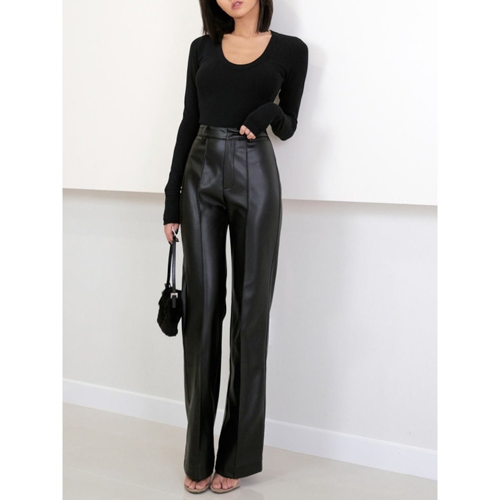 Commense High Waist Faux Leather Straight Leg Pants Black Size M